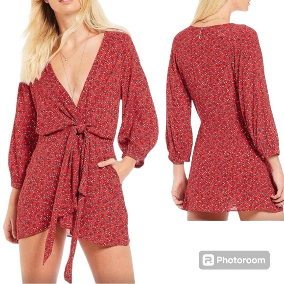 Free People Clara Front Tie Red Daisy Tunic Faux Wrap Blouse Top Dress Size S - Picture 1 of 12